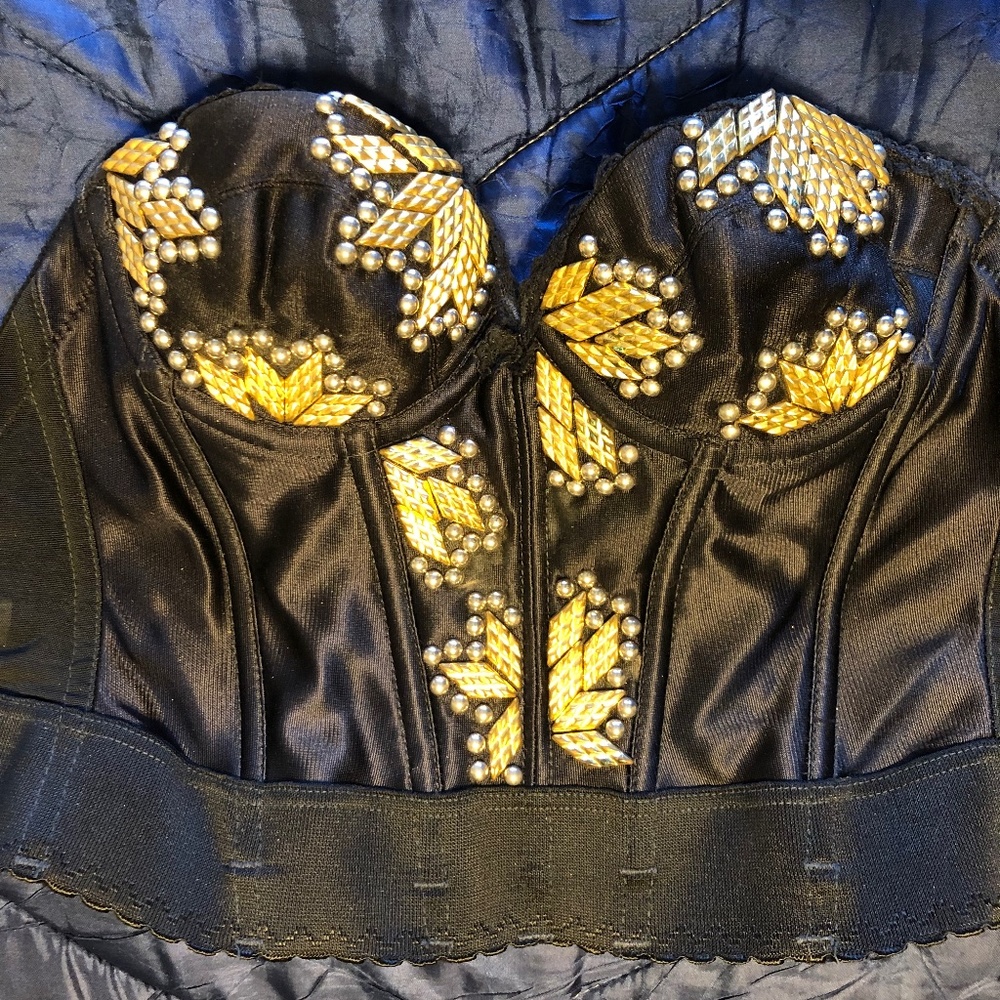 Vintage 80s black bustier, Madonna style!! hand-embellished, one-of-a-kind